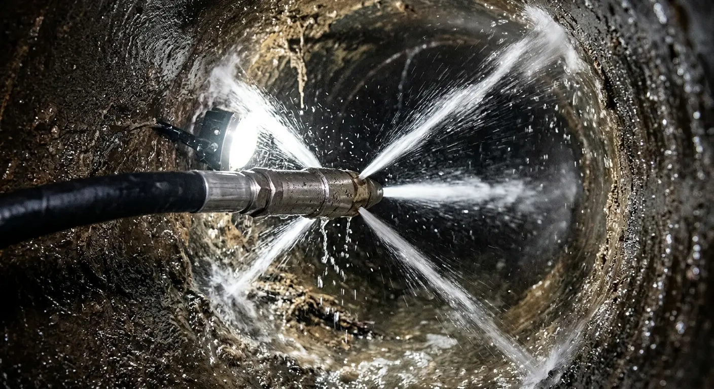 High-pressure hydro jetting nozzle cleaning sewer pipe for Trenchless Sewer Repair in New Brunswick
