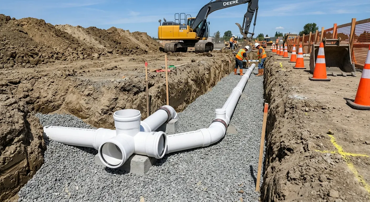 New PVC sewer pipe installation in open trench for Grease Trap Cleaning in New Brunswick