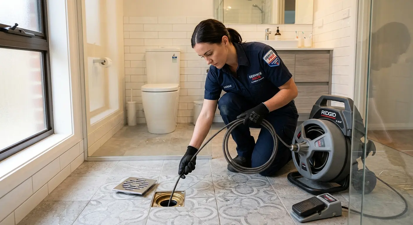 Technician clearing a bathroom floor drain for Sewer Line Replacement in New Brunswick